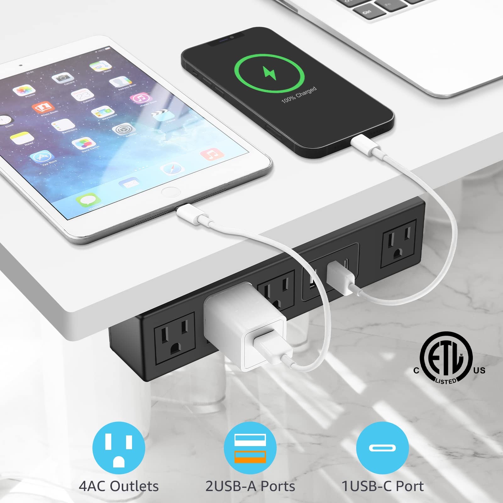 Under Desk Power Strip with 3M Adhesive, Removable Under Desktop Mount Plug w...