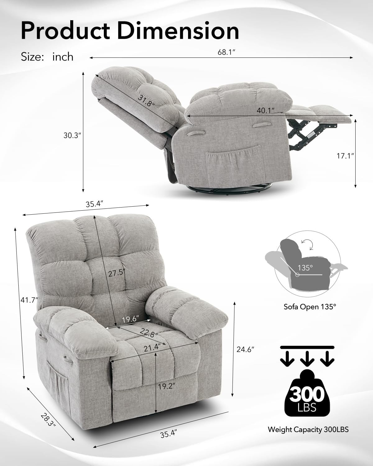 Rocking Recliner Chair Upholstered 360° Swivel Rocker Chair Deep Seat Light Gray