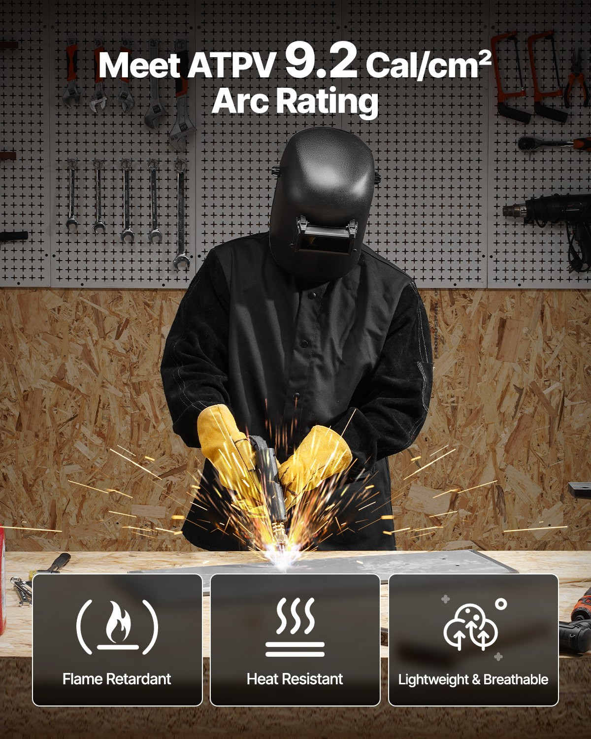 Flame-Resistant Welding Jacket L Size Heavy Duty Cowhide Leather & 9oz FR Cotton