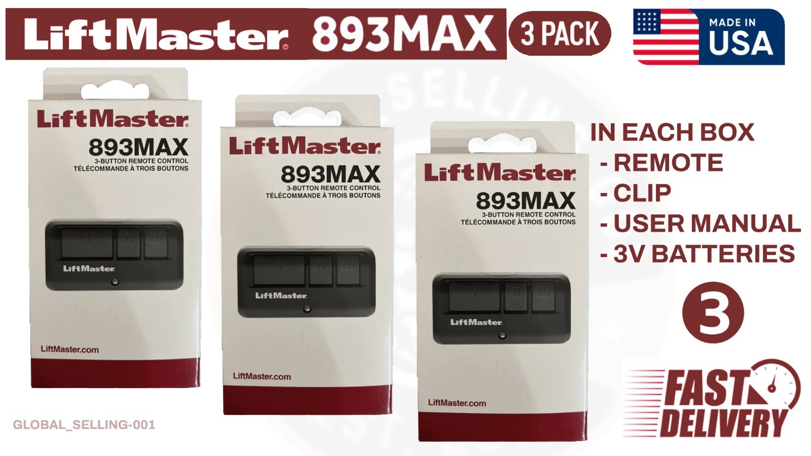 (3-pack) 893MAX 3 Button Liftmaster Visor Remote Control Garage Door Opener