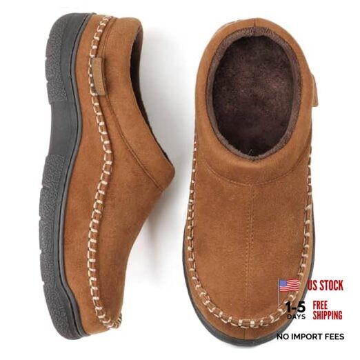 Men's Slip On Moccasin Slippers, Indoor/Outdoor Warm Fuzzy Comfy 10.5 Pumpkin