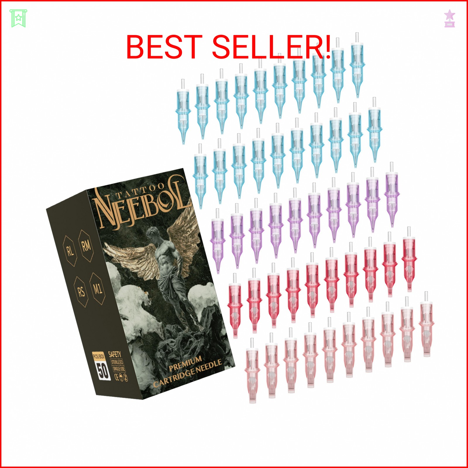 Neebol 50Pcs Tattoo Cartridge Needles Assorted Mixed Sizes - #12(3/5/7/9RL、5/7RS