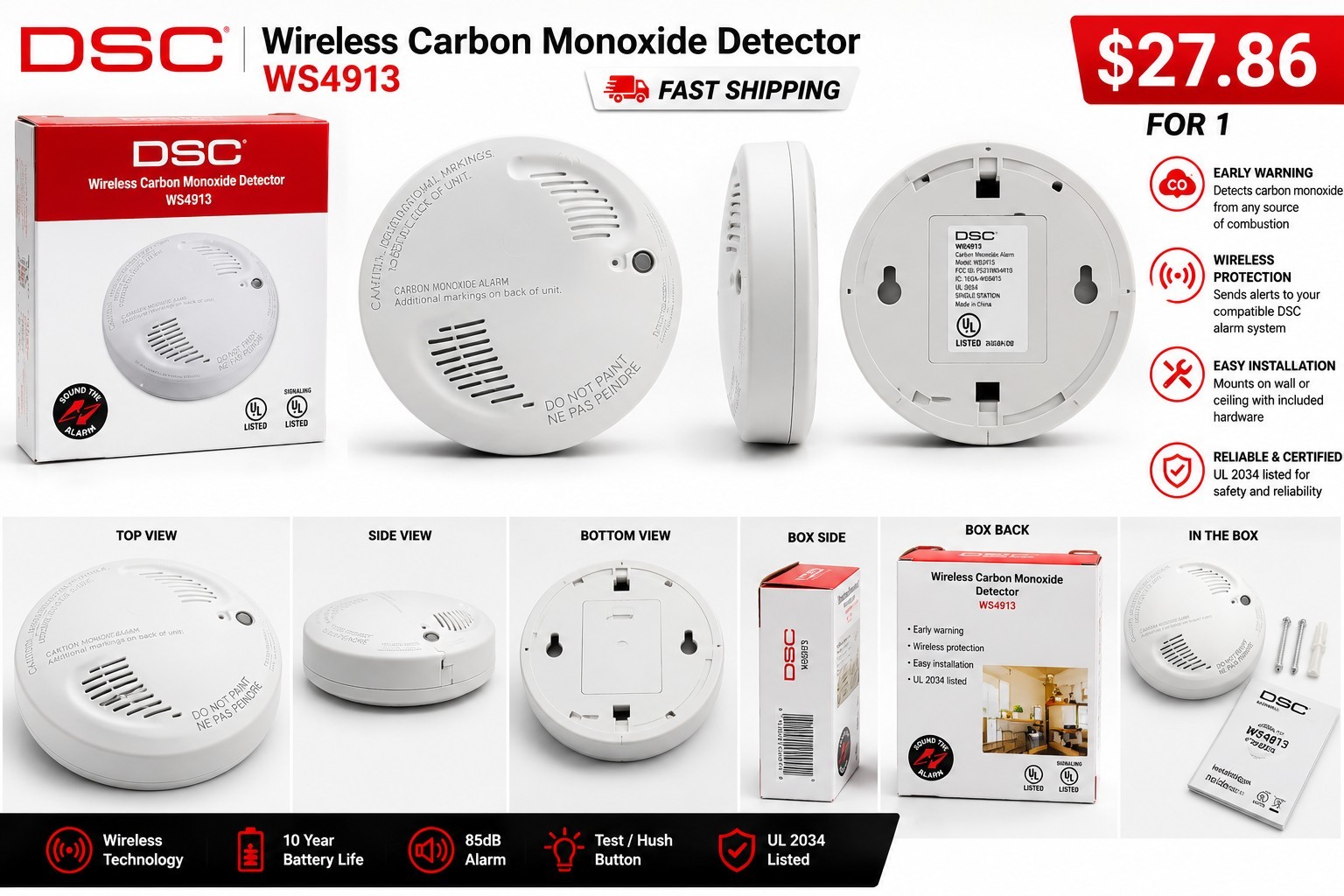Brand New DSC WS4913 Wireless CO Detector,  US region only