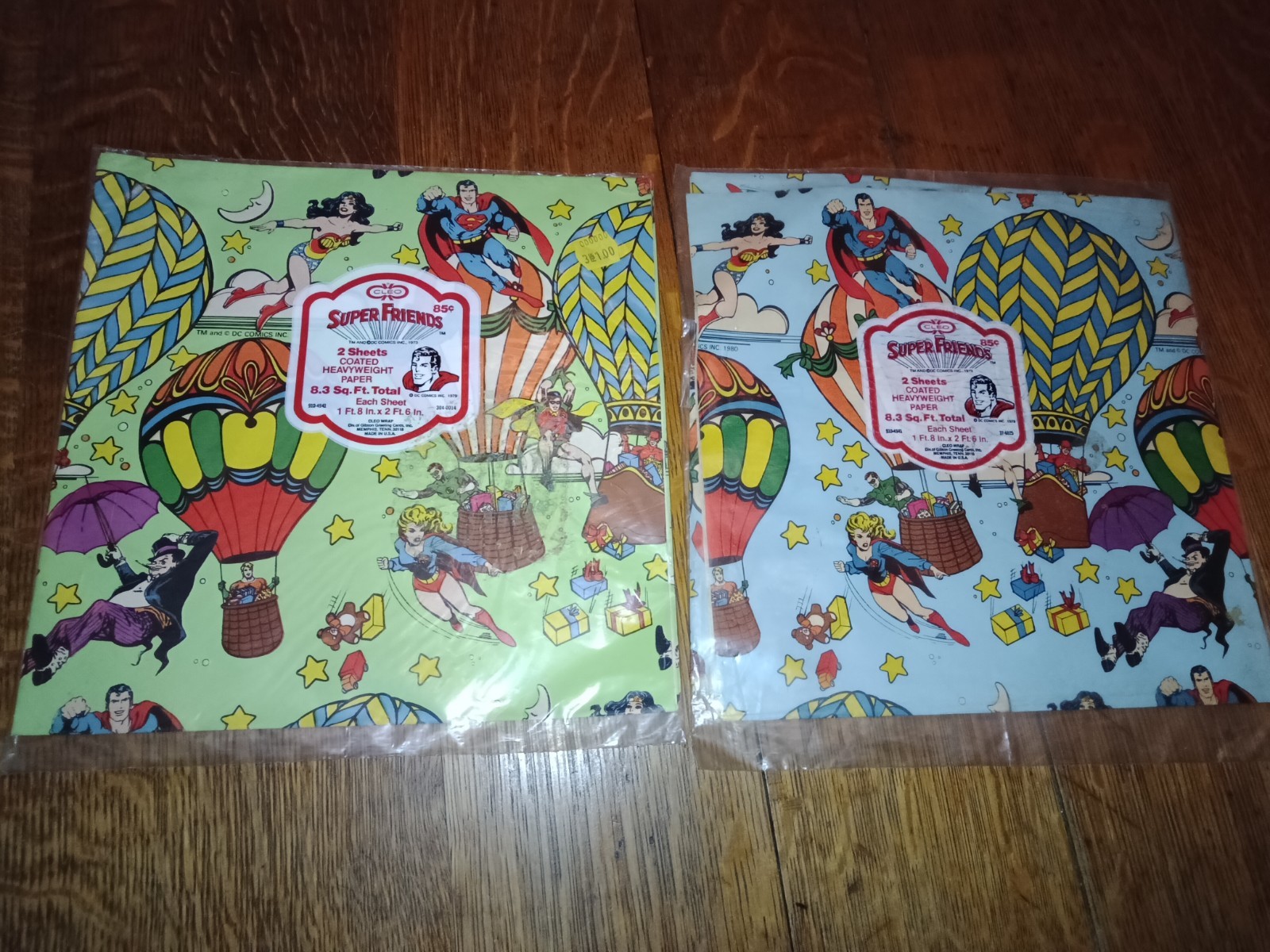 Vintage 1979 Cleo Super Friends Wrapping Paper 2 Packs Green Blue Superman DC