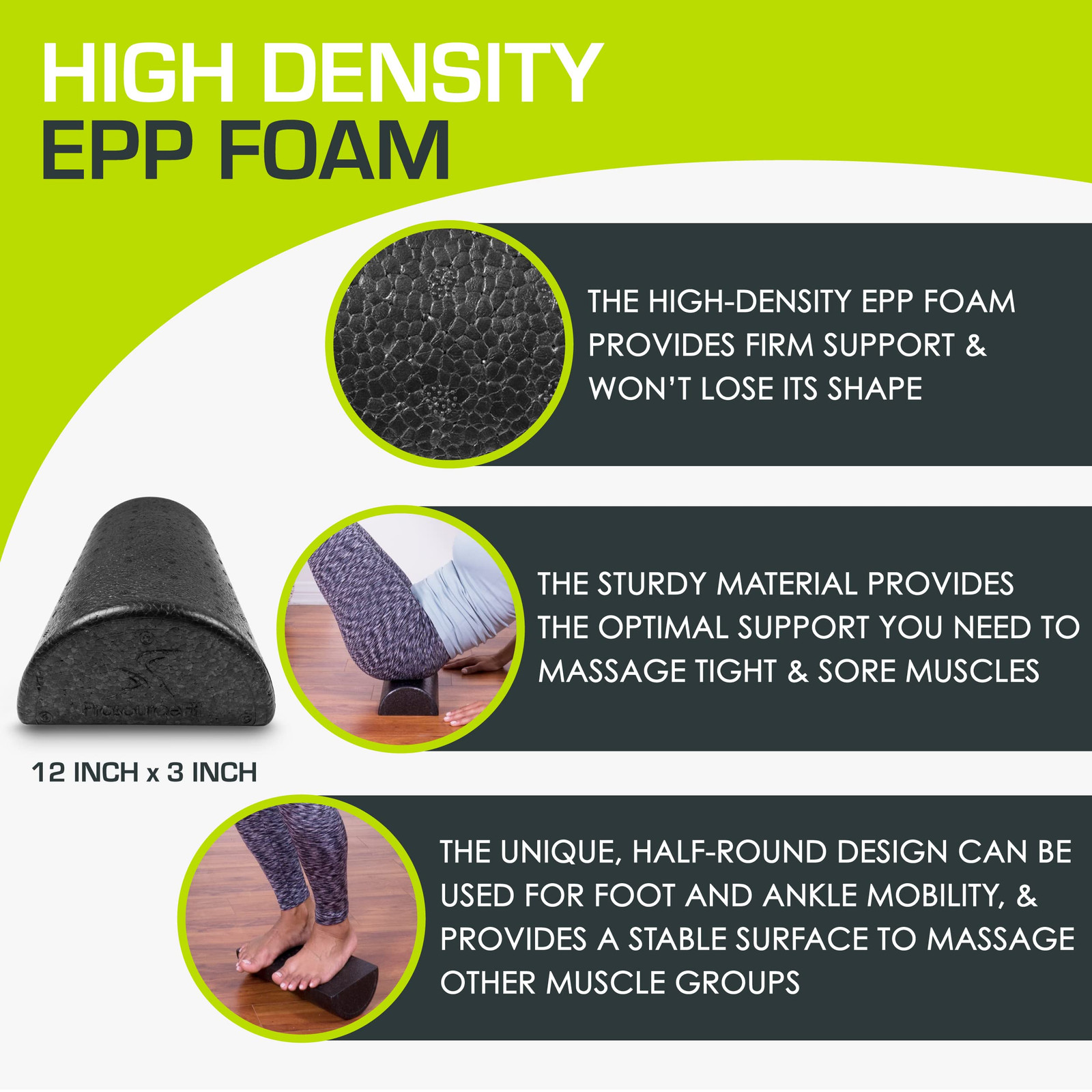 High Density Half Round Foam Roller 12 Inch Extra Support for Stretching Balance
