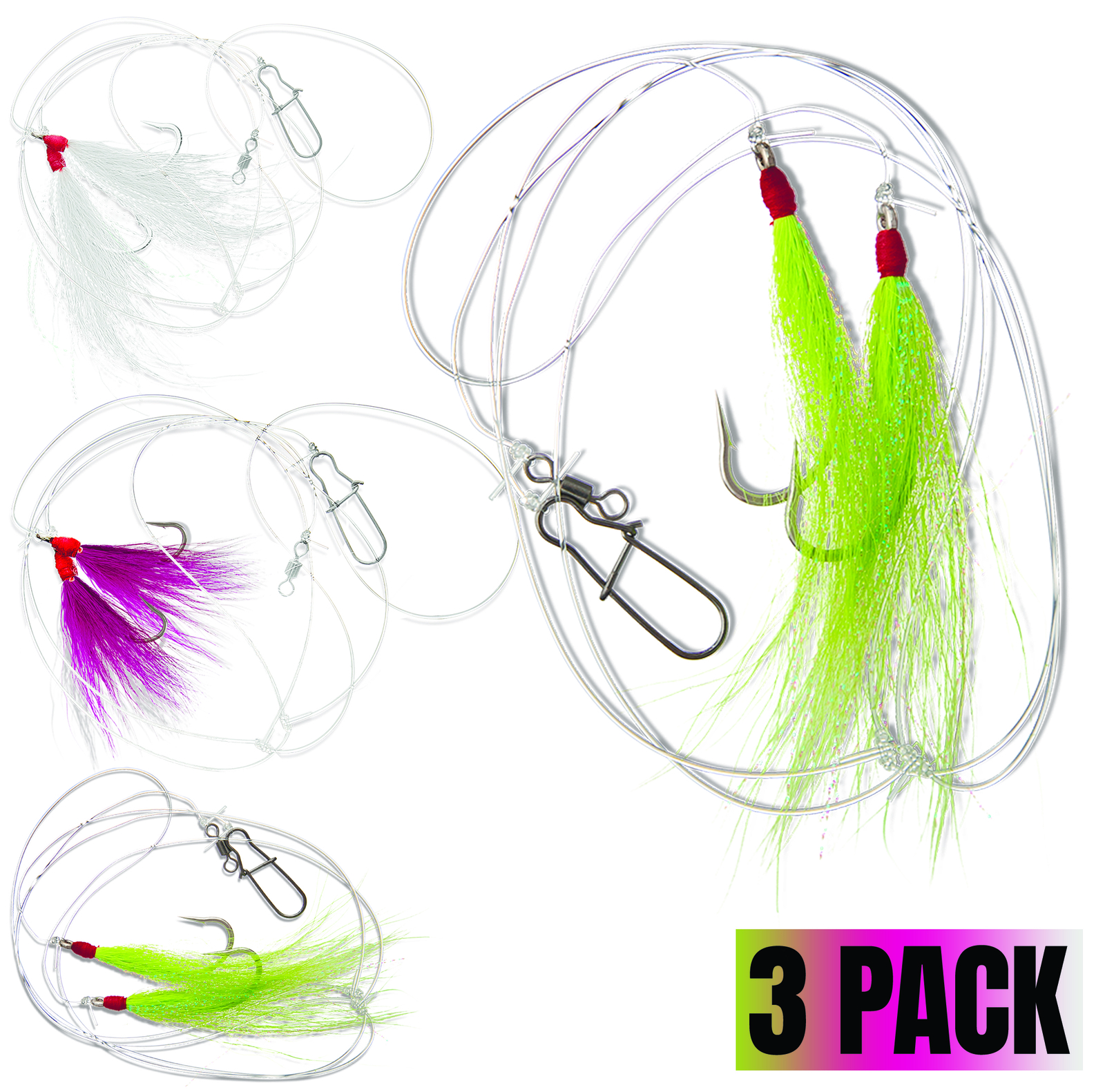 3Pack Fluke Ocean Hi/Lo Fishing Rigs Multicolor BUCKTAIL Teaser Hook