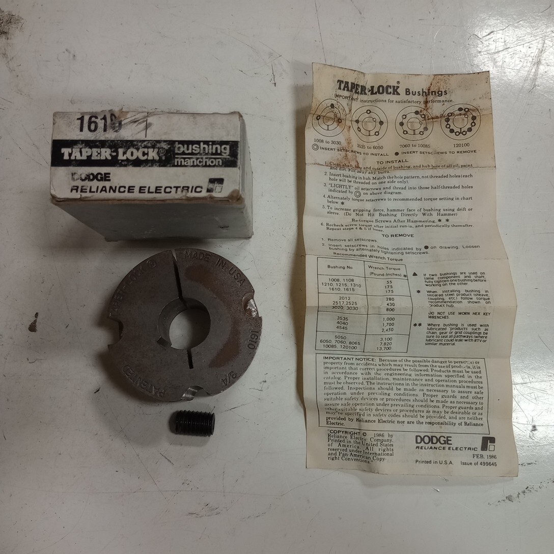 Dodge Reliance Electric no. 1610, 3/4" Shaft, NOS, Taper Lock Bushing.