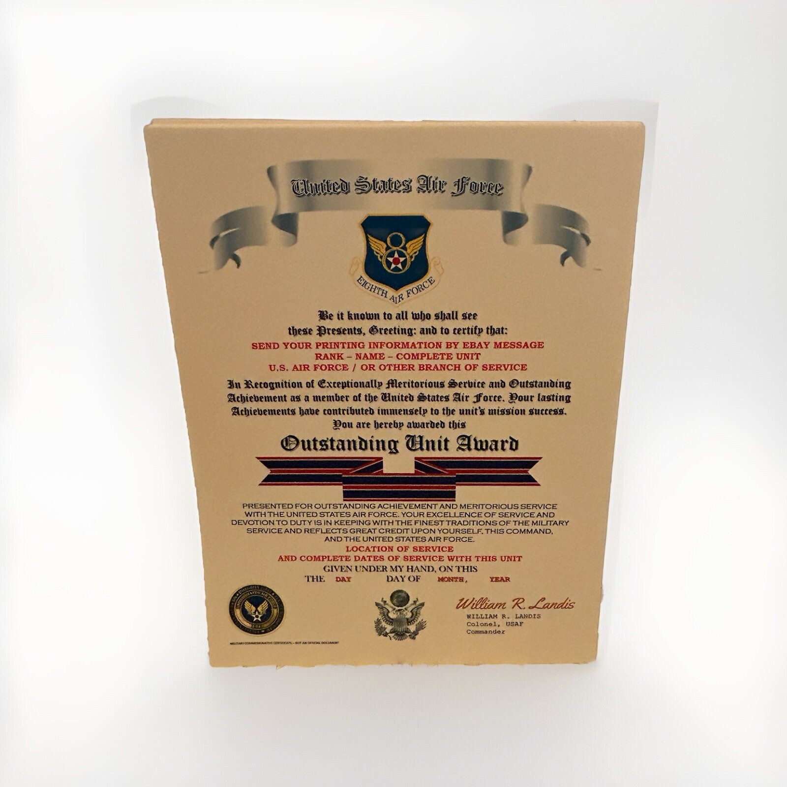 U.S. AIR FORCE / EIGHTH AIR FORCE - OUTSTANDING UNIT AWARD CERTIFICATE