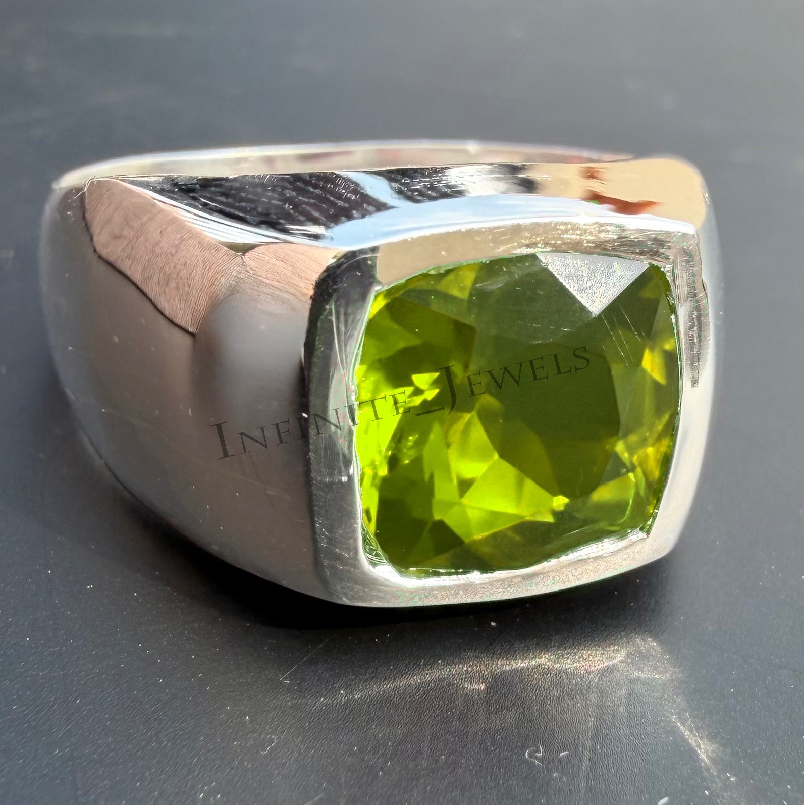 Natural Green Peridot Gemstone Handmade Ring with 925 Sterling Silver Men's Ring