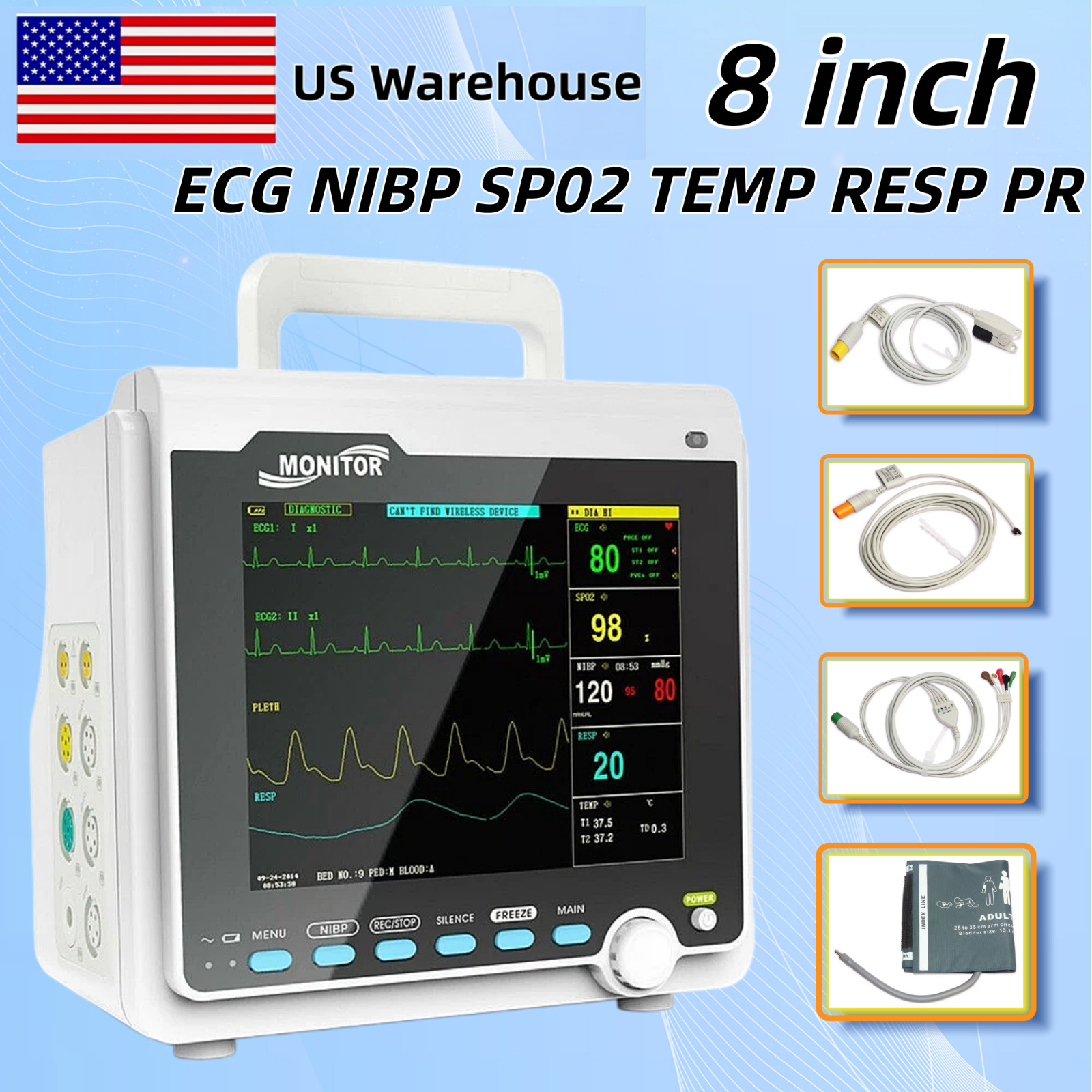Portable Human use 8 inch Color  LCD Patient Monitor ECG NIBP TEMP Spo2 RESP PR