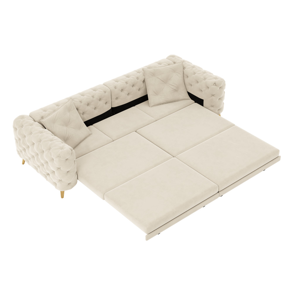 Convertible Sleeper Sofa Bed w Ottoman, Seats 4, Velvet, Beige/White