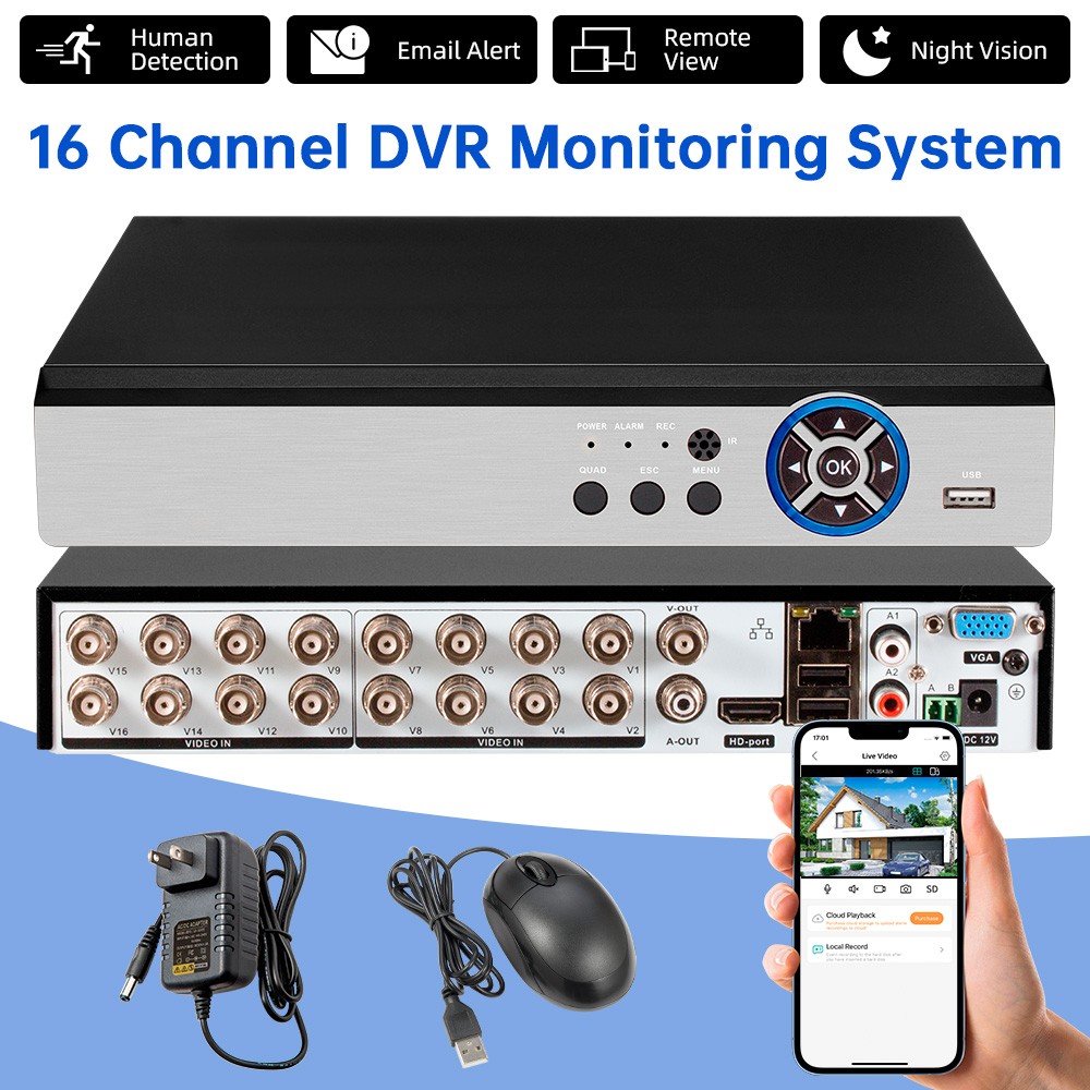 16 Channel 5-in-1 DVR H.265+ 1080P Surveillance Recorder Motion Detection Alarm