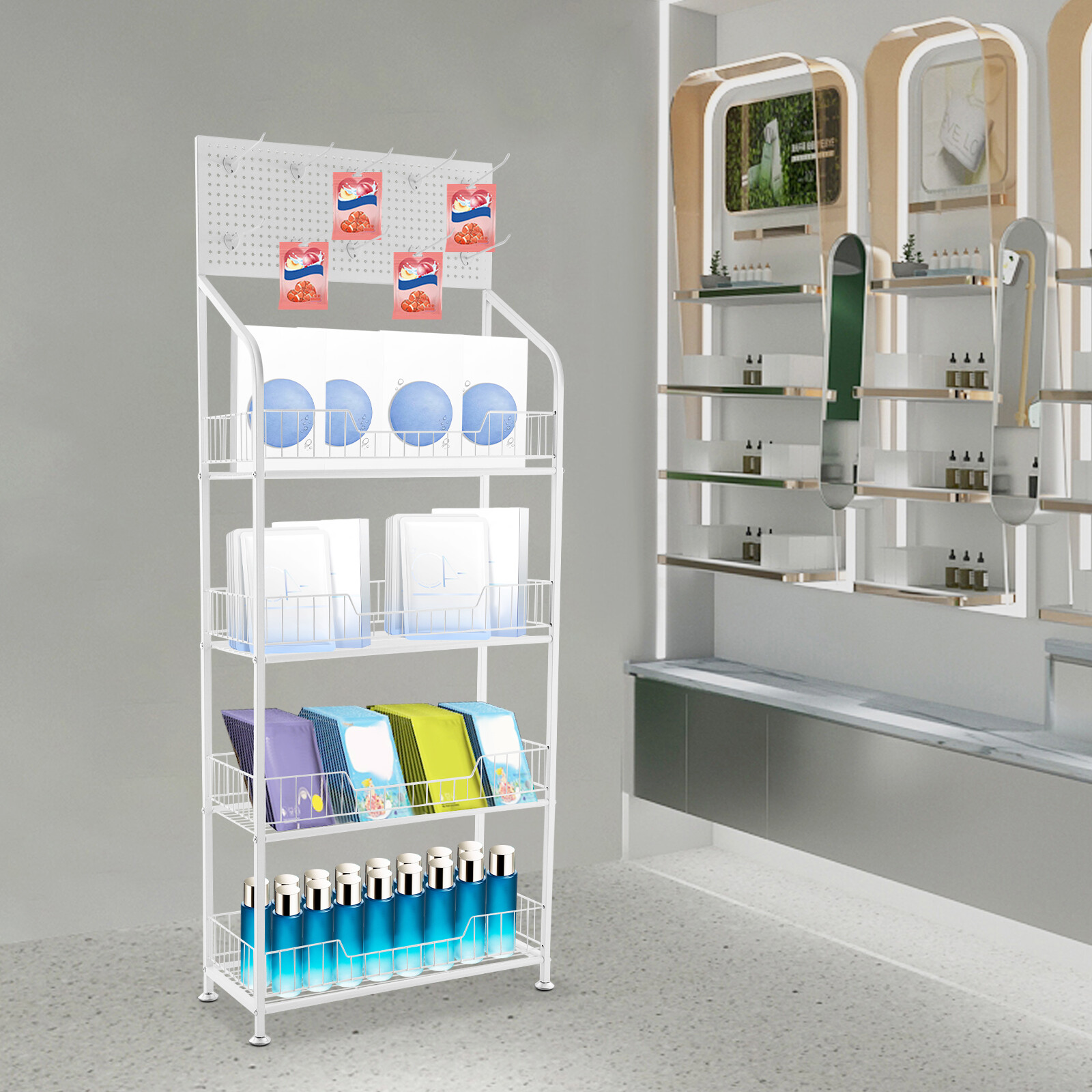 Snack Rack Stand with Hooks 4 Tier Retail Display Rack Snack Display Organizer