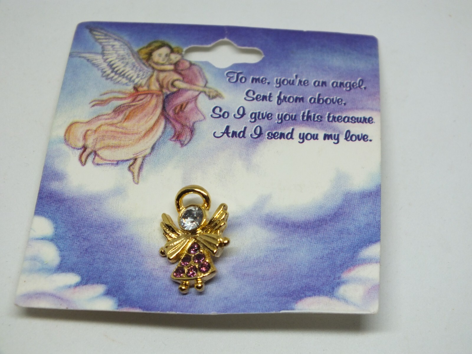Beautiful Brooch Pin Angel Gold Tone Red Clear Rhinestones Original Card 3/4x1/2