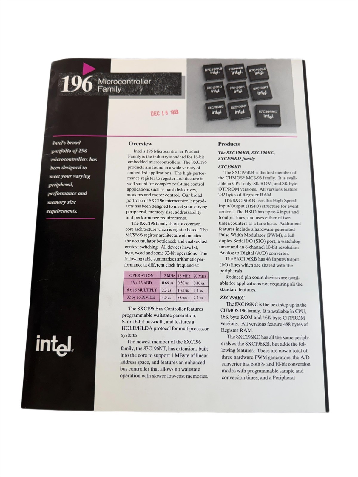 Intel 1994 MCS 96 Product Builder Software Literature Borchure