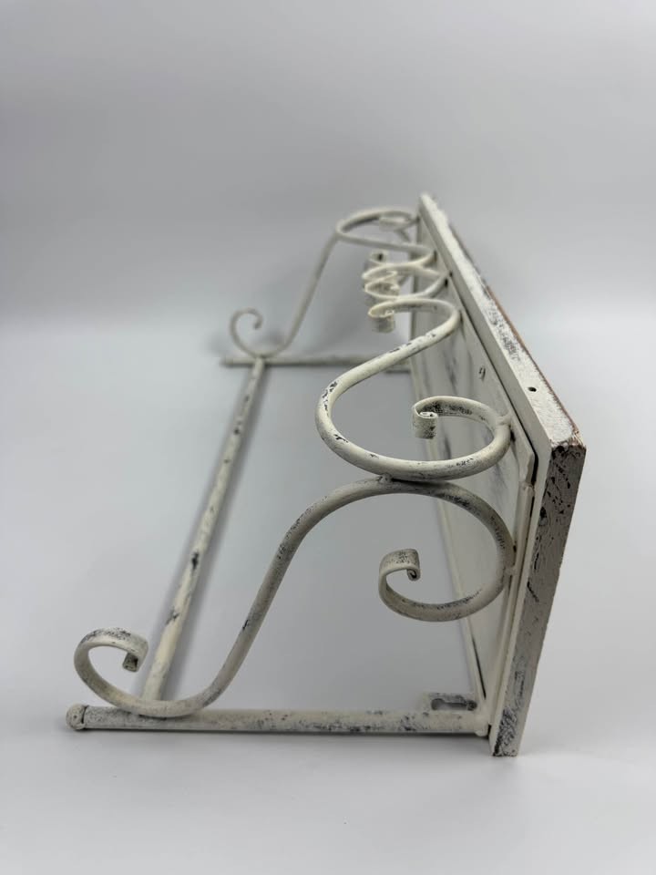 Distressed White Wood & Metal Wall Shelf With Scrollwork Decor