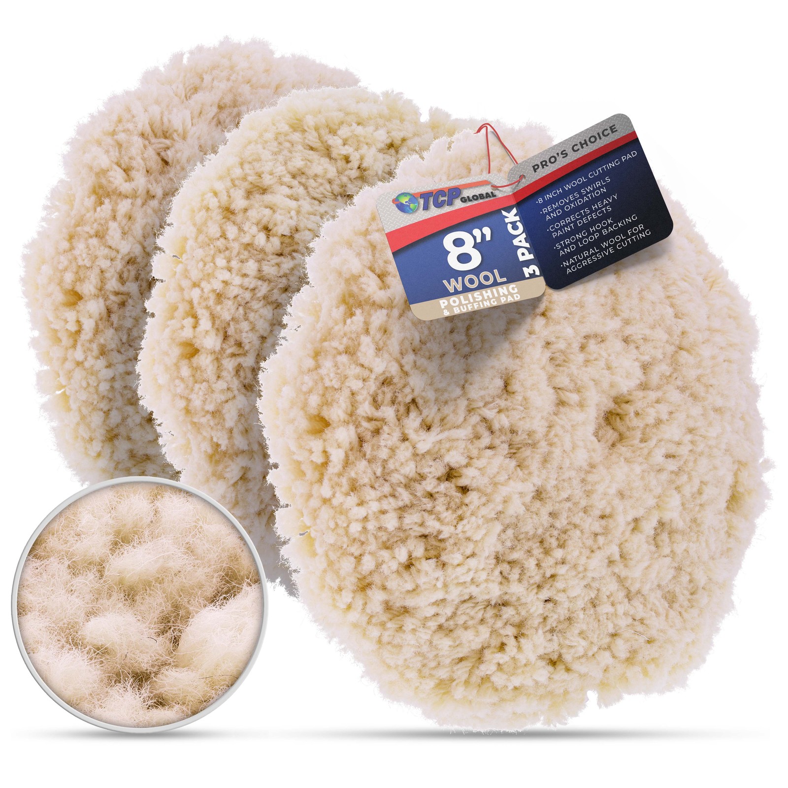 Pack of 3 - 8" Wool Buffing Pads - Detailing Polishing Polisher Buffer