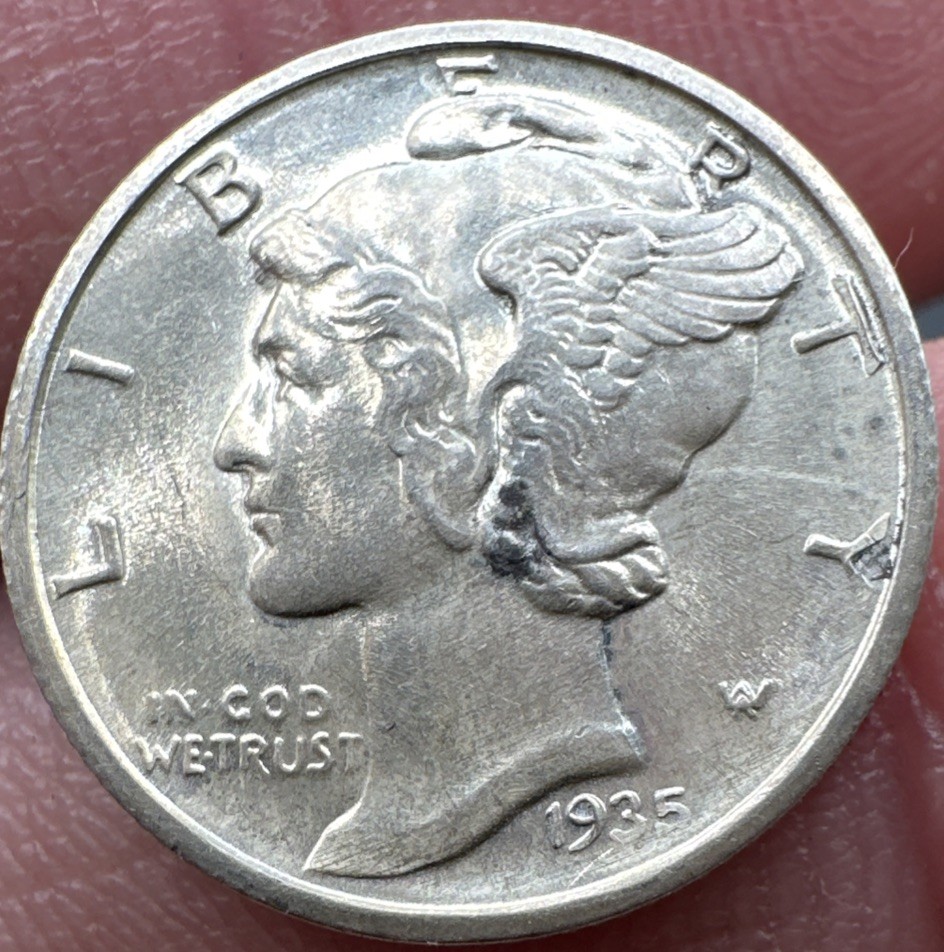 1935 D 10c Mercury Silver Dime Full Split Bands, Uncirculated