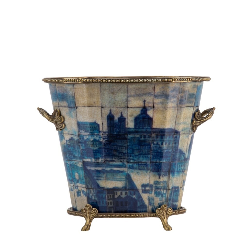 NEW AZURE VILLAGE OVAL BLUE PORCELAIN PLANTER WITH BRONZE ORMOLU MOUNTS