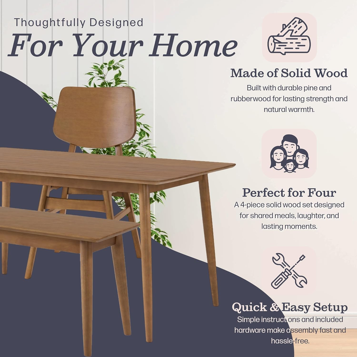 Calais Dining – 4 Piece Dining Table Set for 4 with Chairs and Bench – Mid Centu