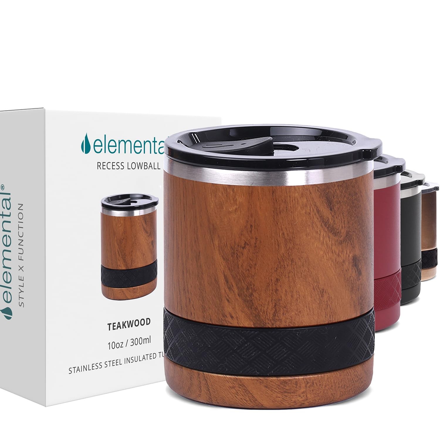 Lowball Tumbler 10oz Triple Wall Stainless Steel Insulated Teak Wood Elemental