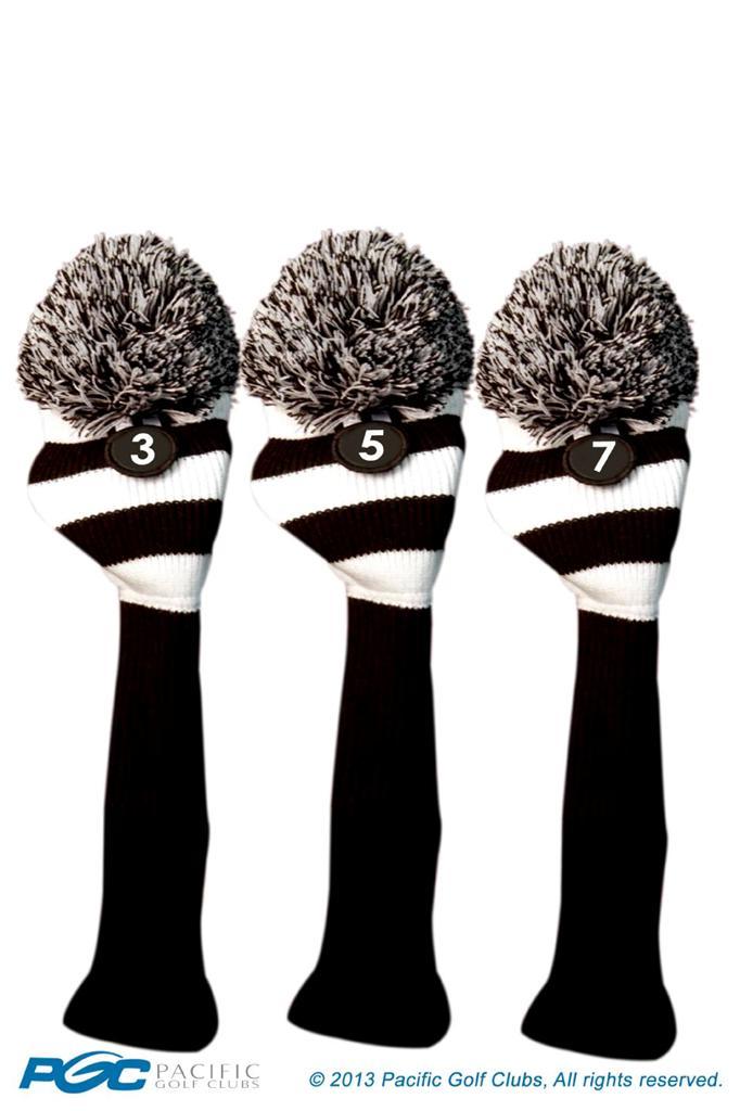 Tour #3, 5, 7 Fairway Metal Wood Black White Golf Headcover Knit Pom Pom Cover