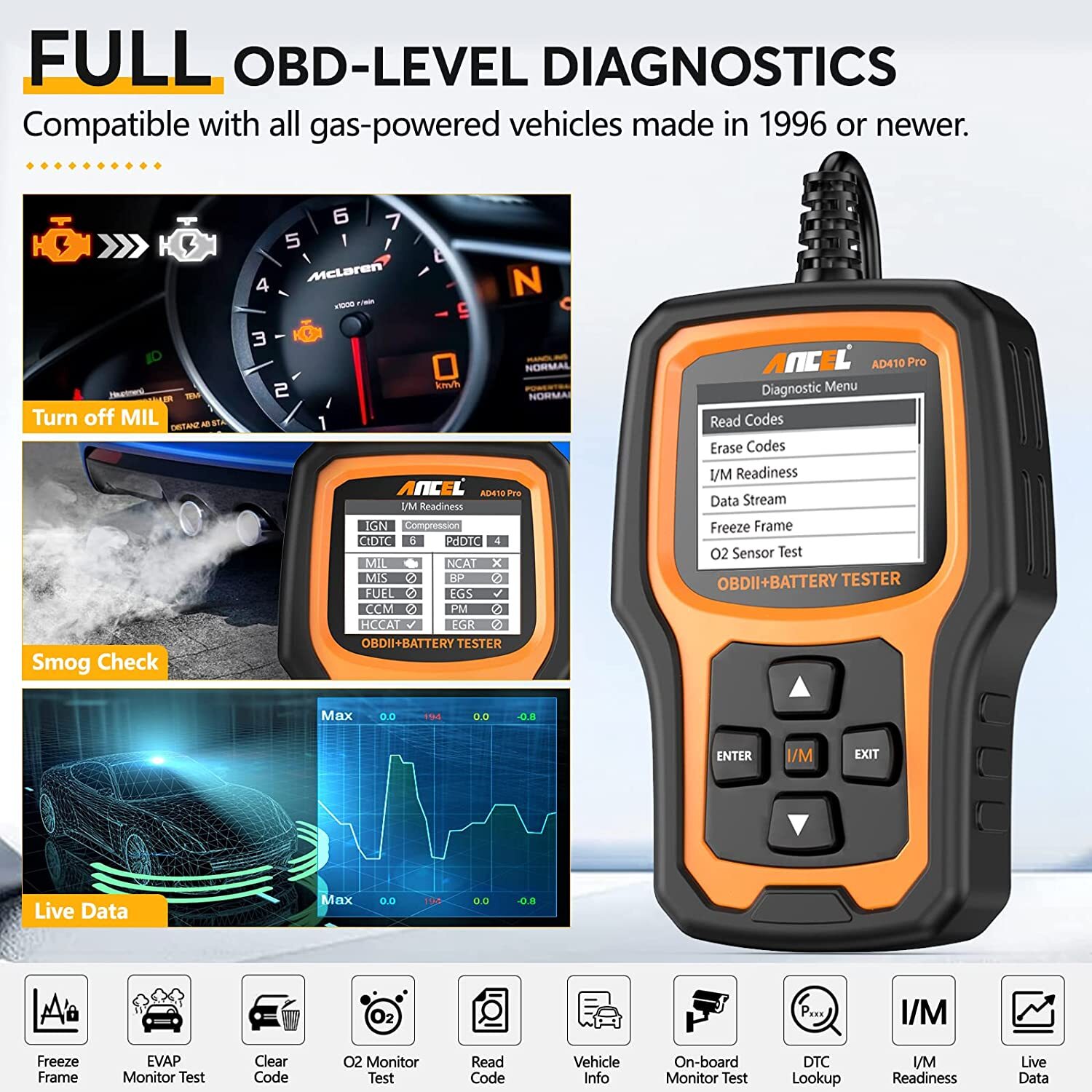 ANCEL AD410 PRO 12V Battery Tester & Car Code Reader OBD2 Engine Diagnostic Tool