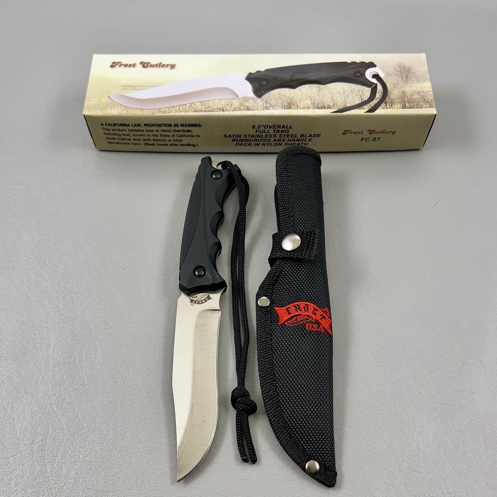 Frost Cutlery 8.5 Full Tang Fixed Blade Knife FC-07 With Sheath Black Handle