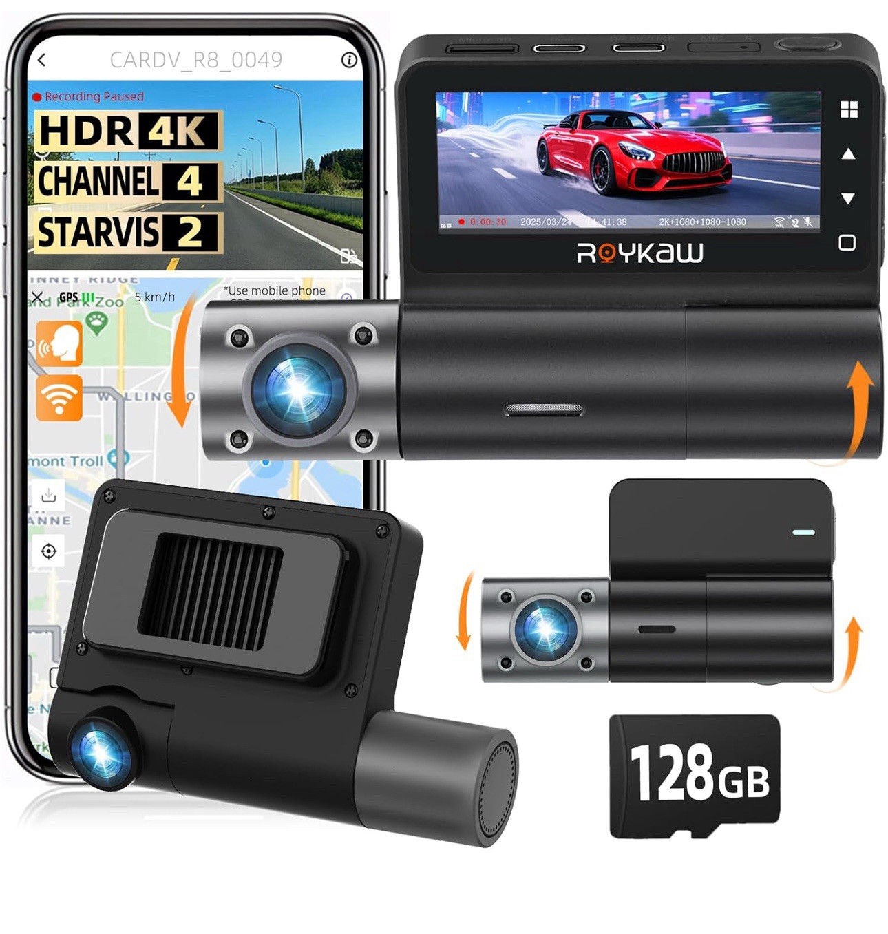 4K Dash Cam Front & Rear – 4K+1080P*3, GPS, WiFi, 128GB Card, Voice Ctrl