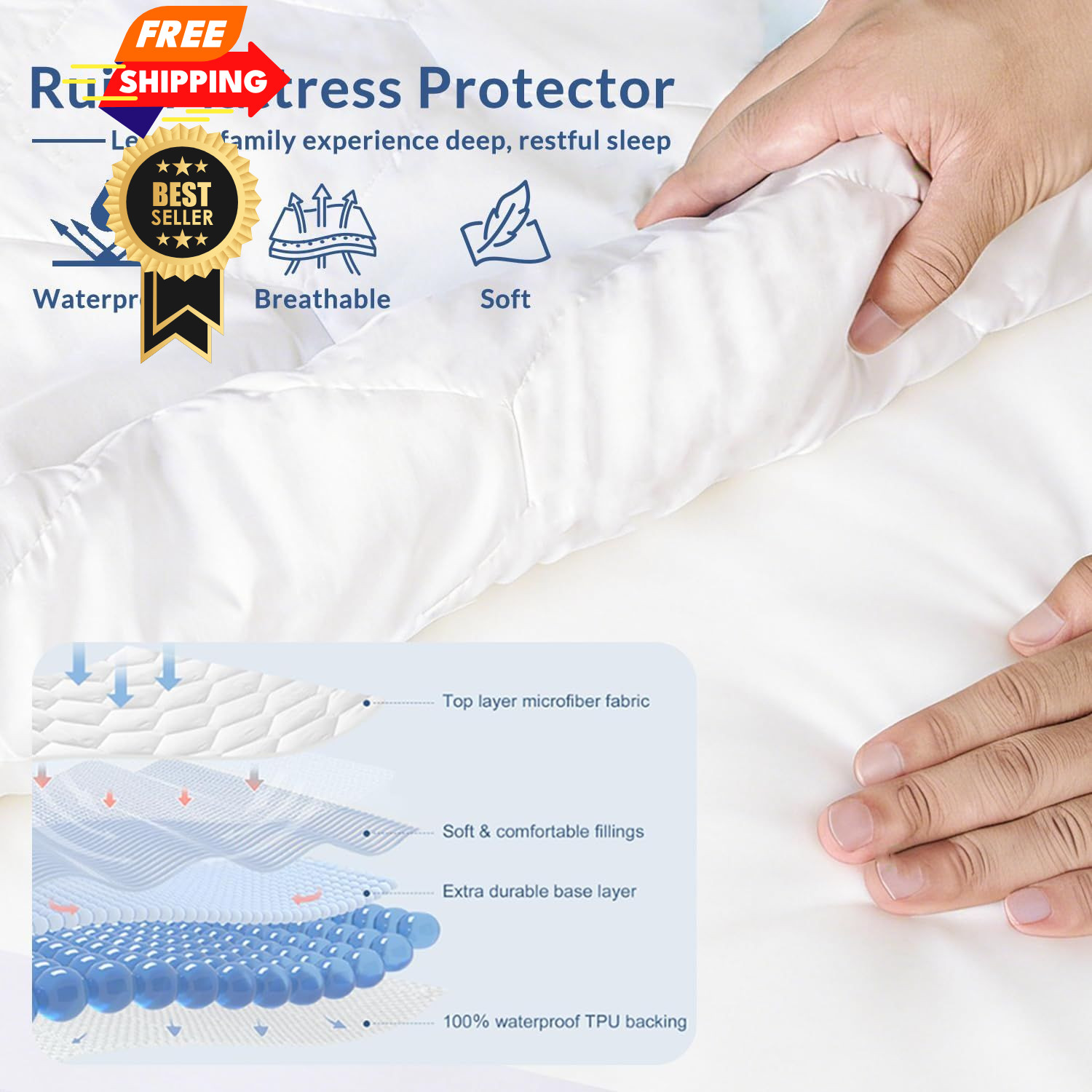 Twin Mattress Protector Waterproof - Washable Twin, Pattern-1-white