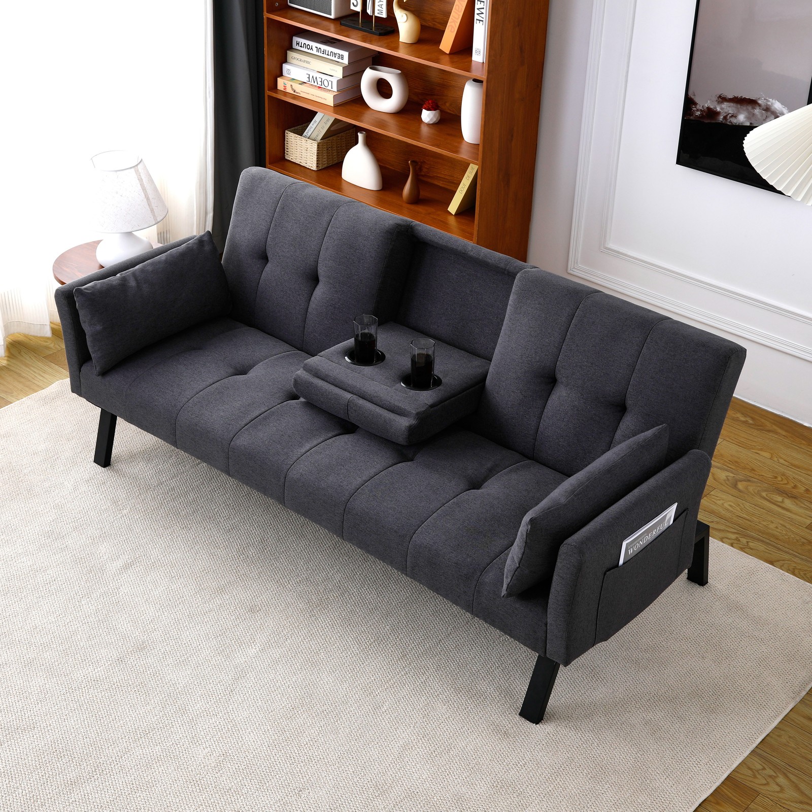 70-inch multi-functional cotton and linen sofa bed: foldable + cup holder + si