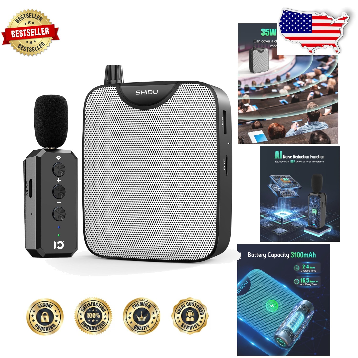 Teacher Voice Amplifier 35W Wireless Mic - 40m Bluetooth 5.3, 22.6K SqFt Cove...