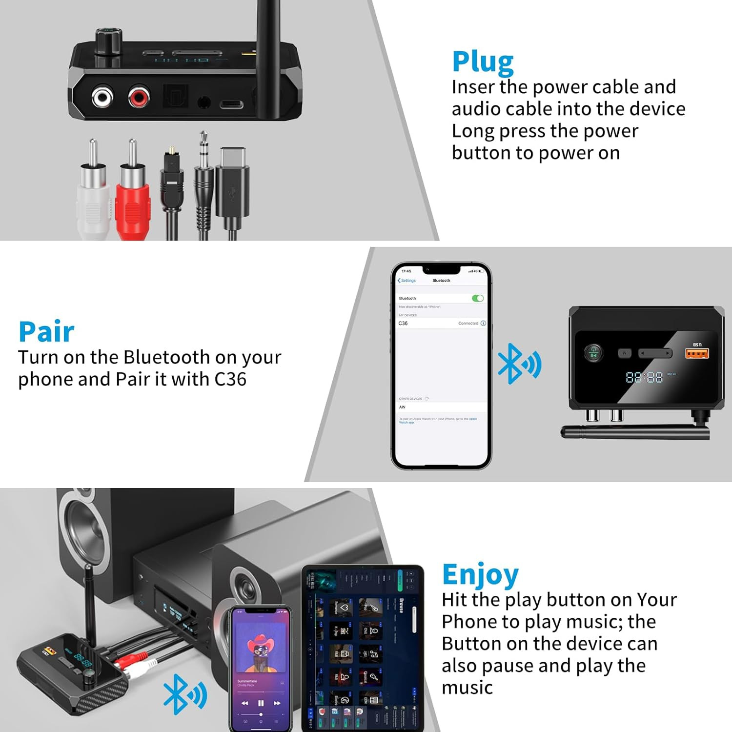 Bluetooth 5.3 Receiver for Home Stereo, RCA Bluetooth Adapter, Low Latency & HD