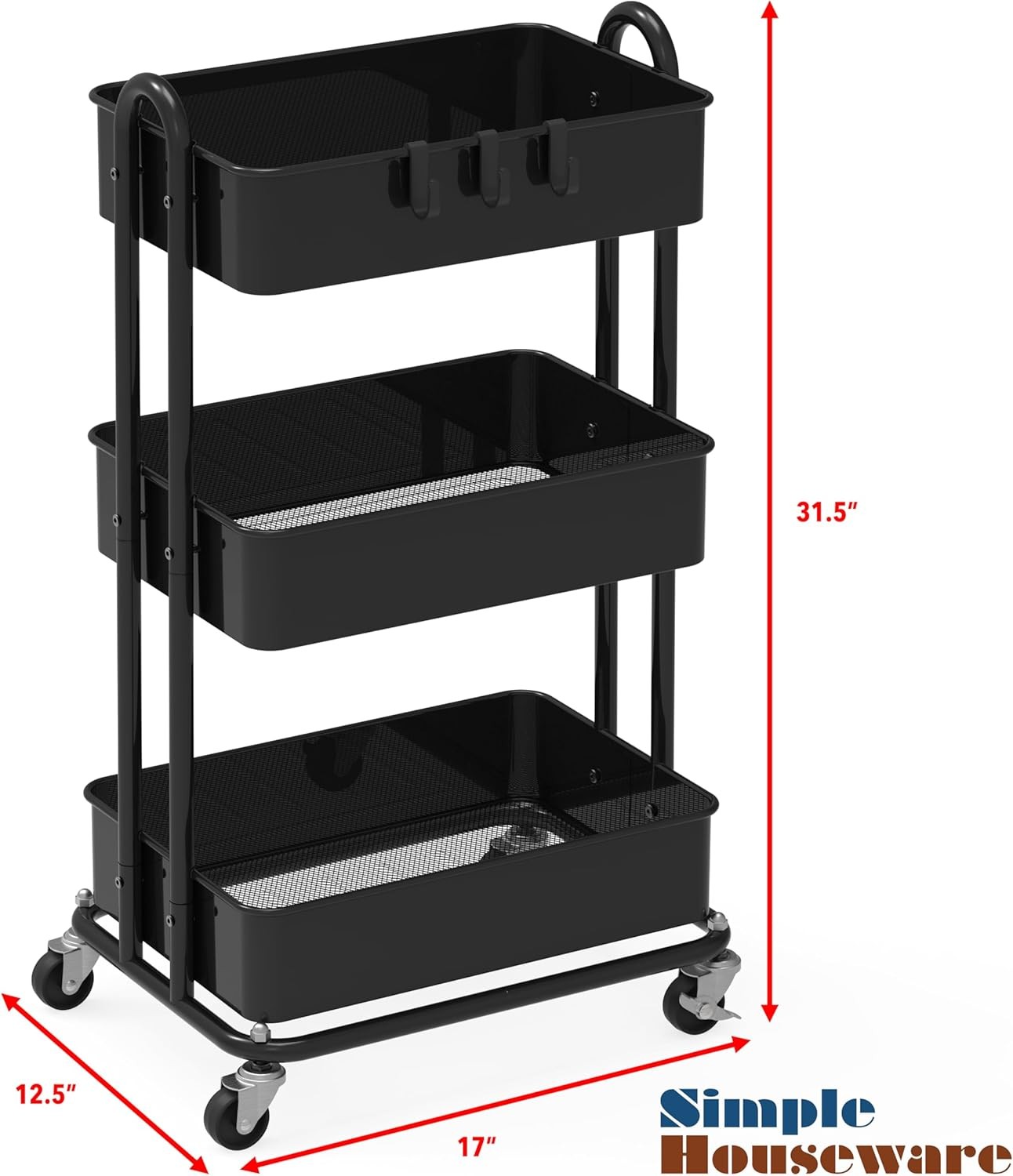 3-Tier Rolling Metal Utility Cart with Locking Wheels Storage Organizer Black