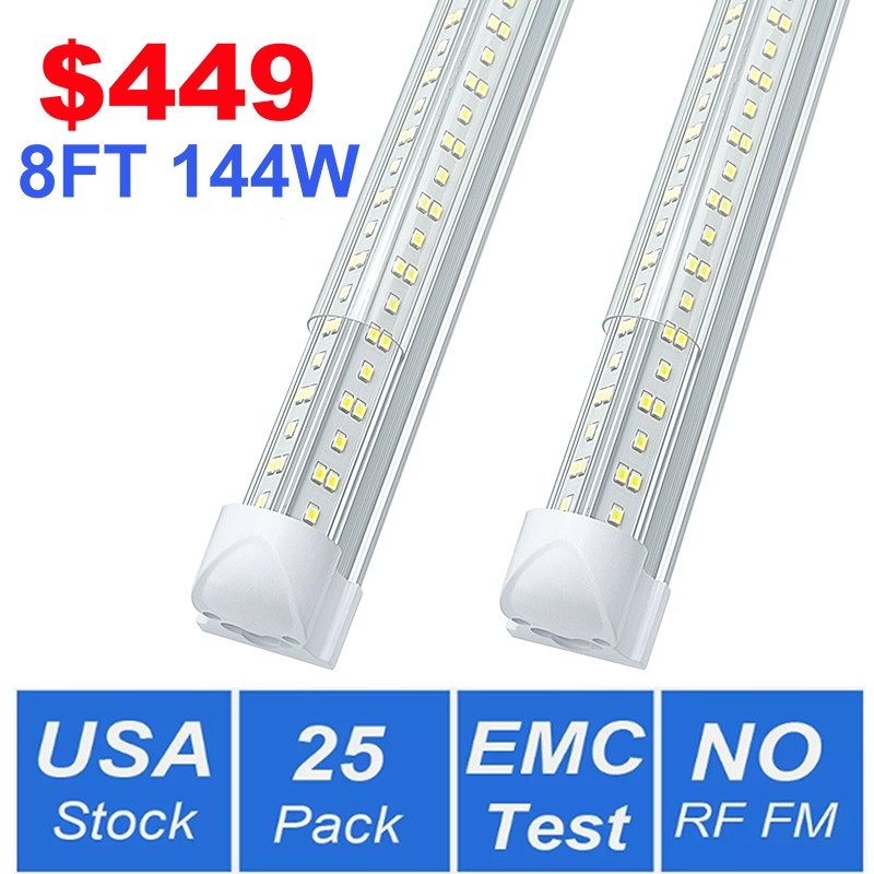 25 Pack 8Ft Led Shop Lights Fixture T8 Integrated LED Bulb 8' 144W 6500K No RF