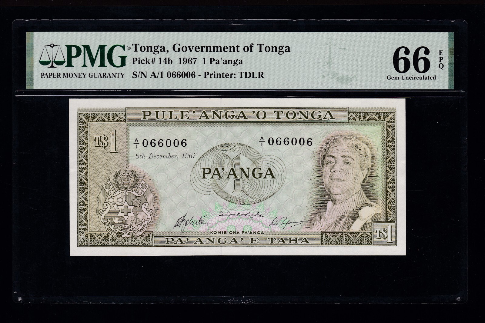 1967 1 Pa'anga Tonga Government of Tonga Pick#14b PMG 66 EPQ GEM CU (006)