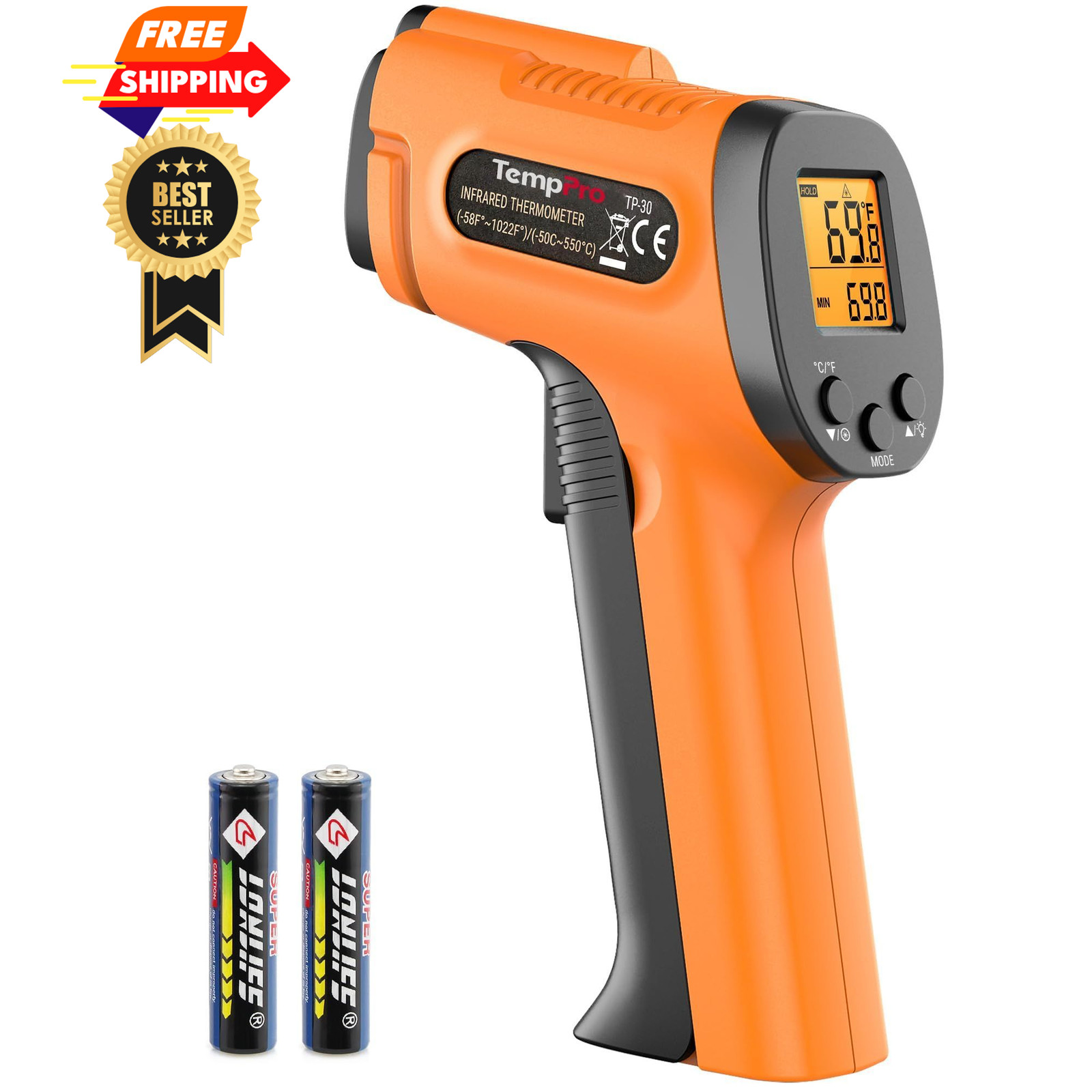 TempPro TP30 Infrared Thermometer Gun, Laser for 1 Laser, orange