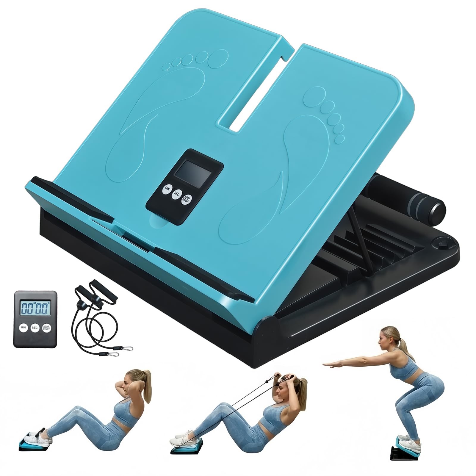 Calf Stretch Board with Timer & Resistance Bands, 6-Level Adjustable Slant Bo...