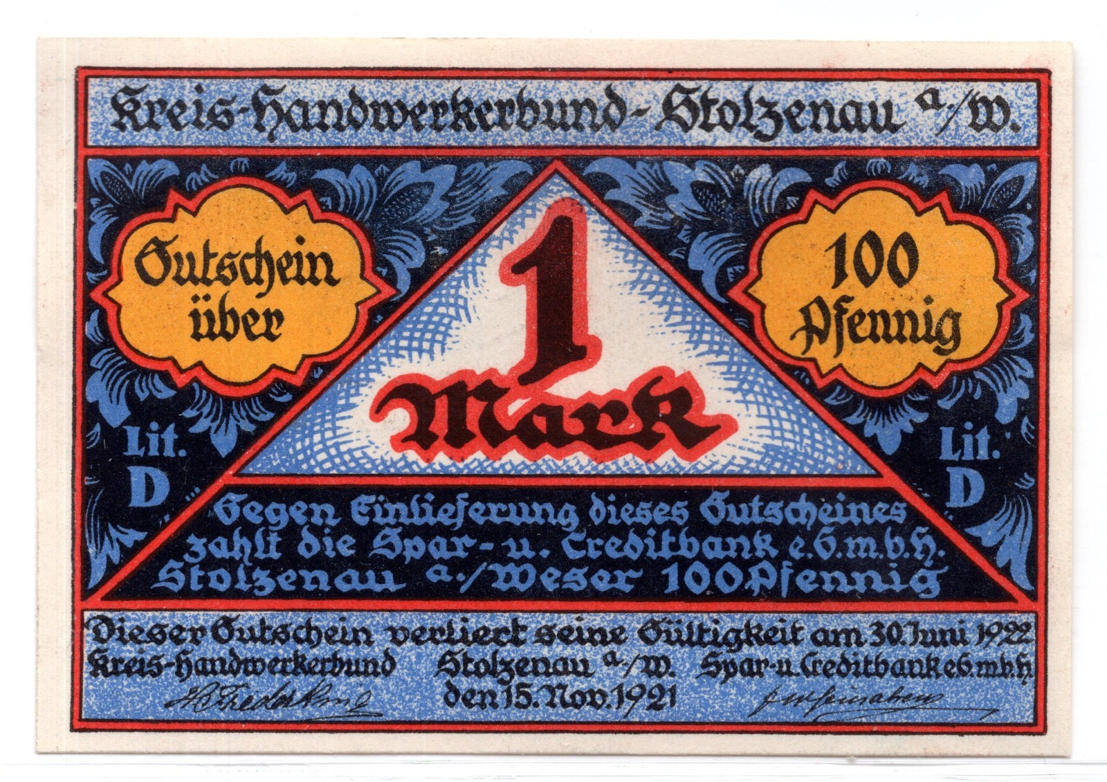 1921 Germany Stolzenau Notgeld 1 Mark Note (1621)