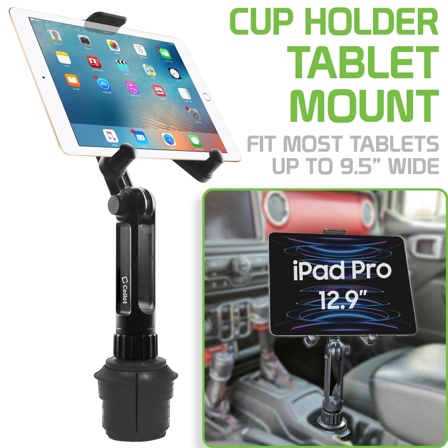 Cellet Cup Holder Tablet Mount Compatible with Apple iPad Galaxy Tablet