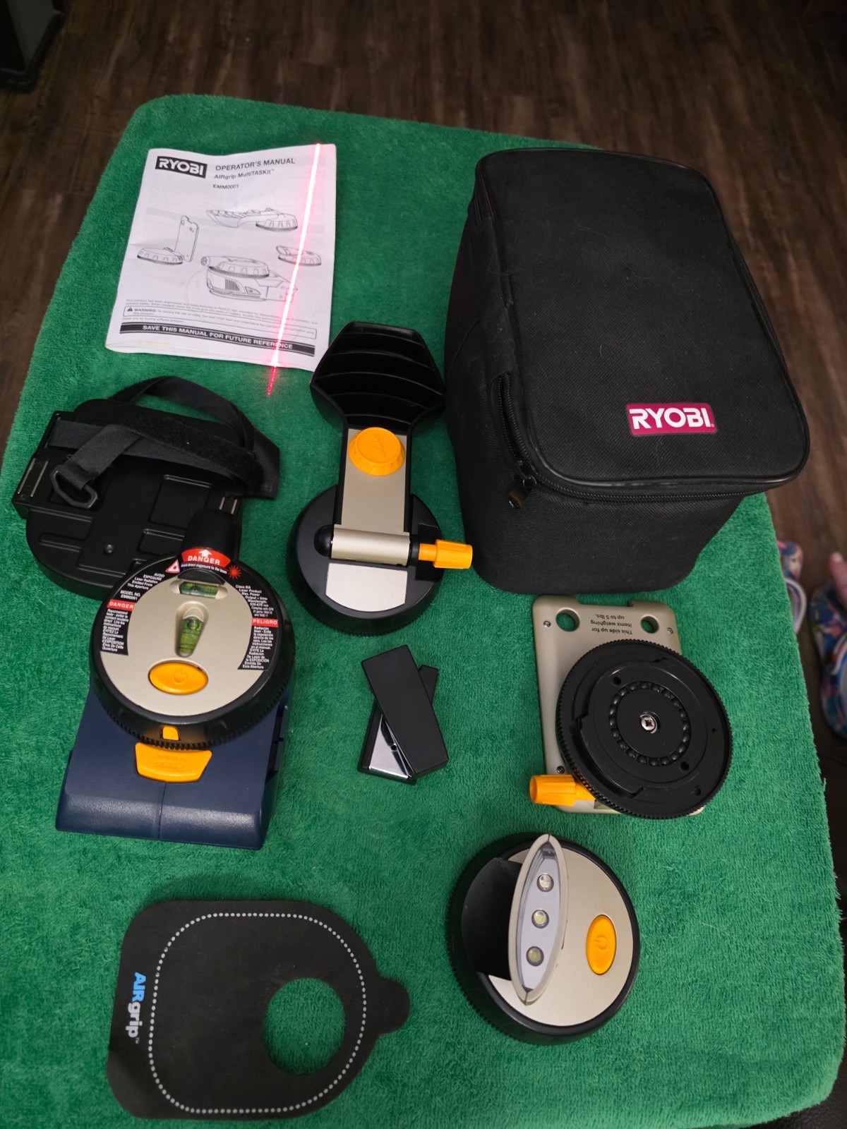 Ryobi Laser Air Grip Multi-task kit, light, accessories, manual & zippered case