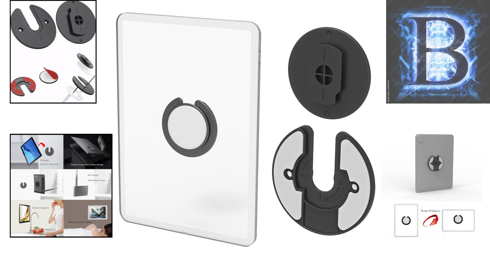 Compact 90° Rotatable Tablet Holder - Wall Mount for E-Readers & More (2 Packs)