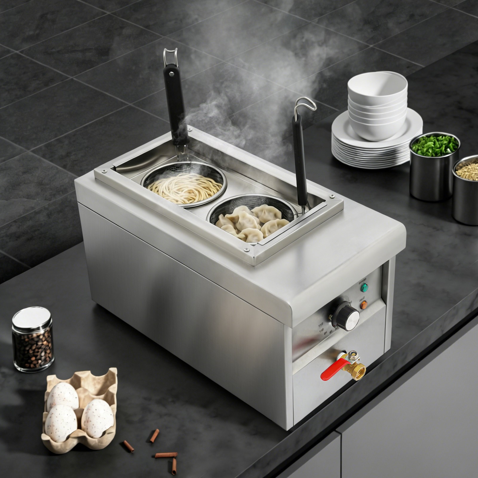 Electric Noodles Pasta Boiler, 2 Holes Commercial Pasta Cooker, Table Top Noodle