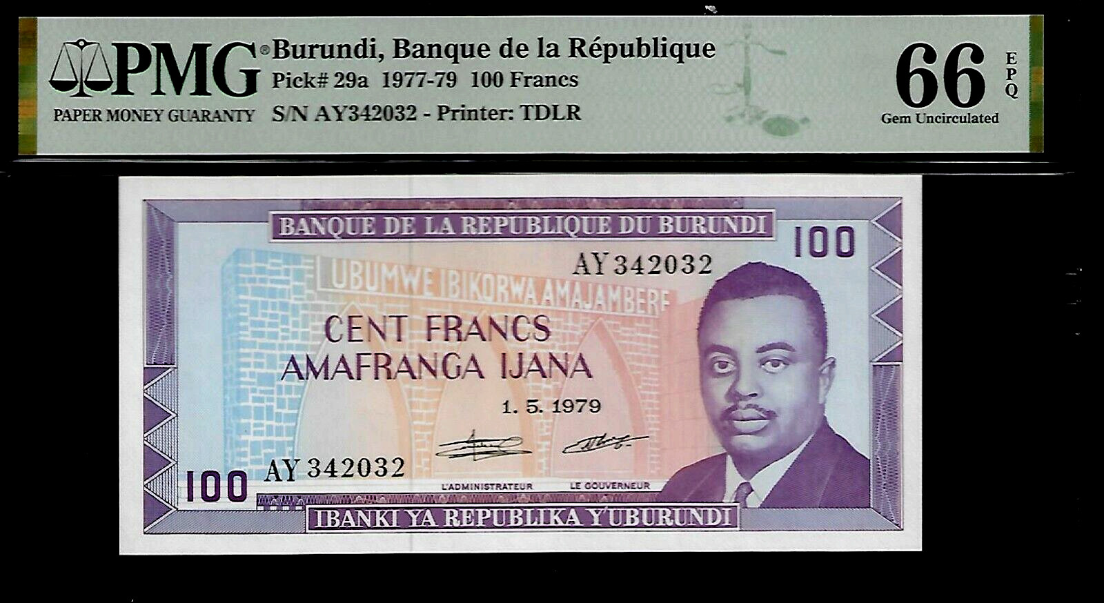 Burundi 100 Francs 1979 PMG 66 EPQ UNC P#29a, Series AY