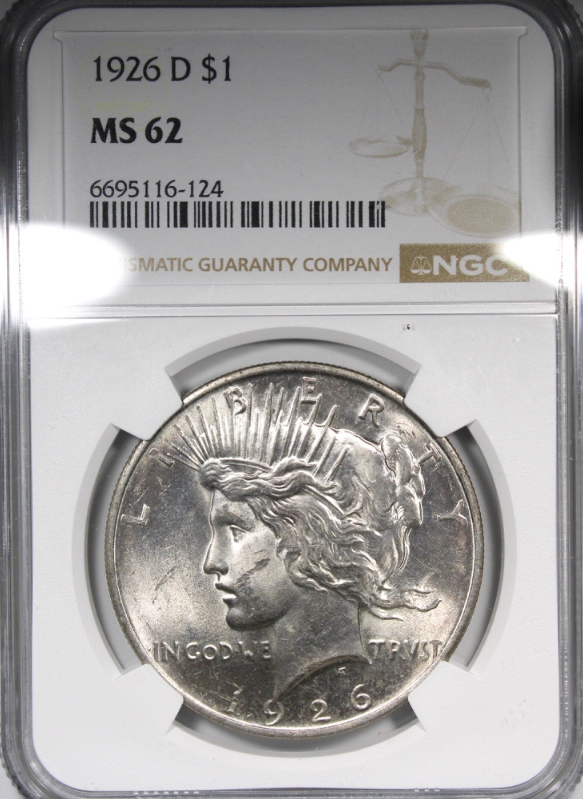 1926-D Peace Dollar NGC MS62 Better Date $1 Uncirculated