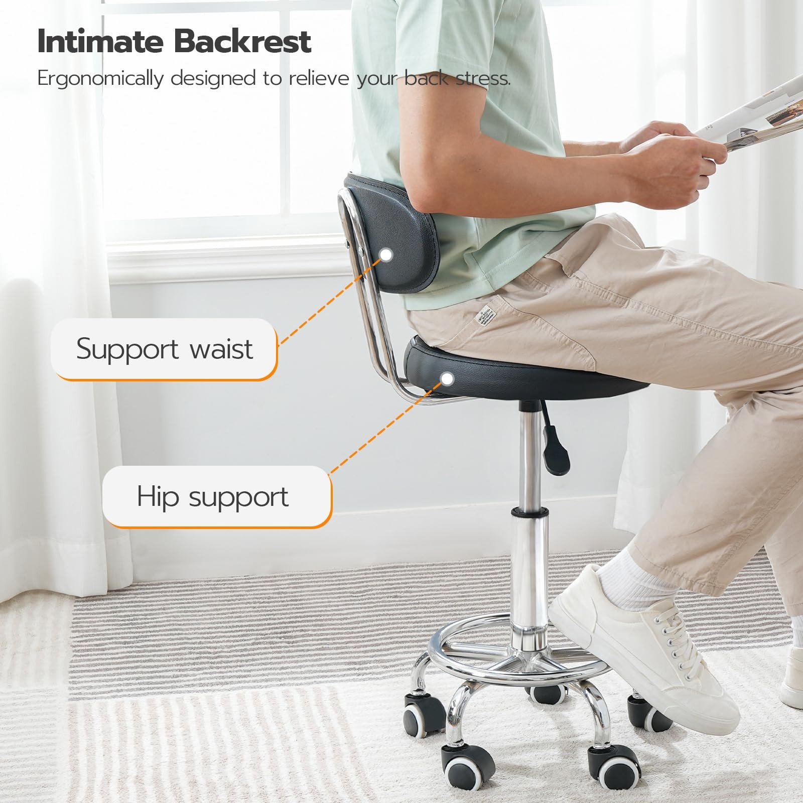 Height Adjustable Rolling Stool, 360° Rotating Drafting Chair, Multi-Purpose ...