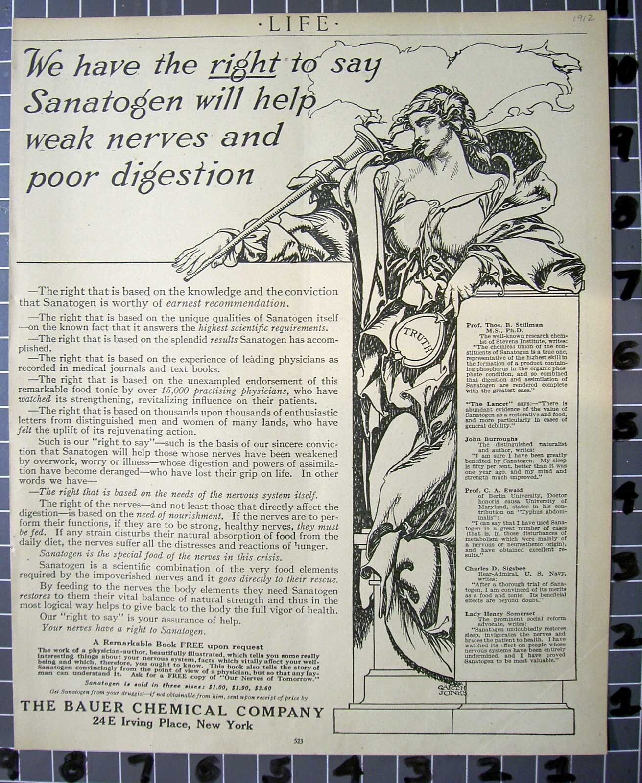 1912 SANATOGEN QUACK MEDICINE MEDICAL TONIC DRUG LIBERTY HEALTH DIET AD FB061