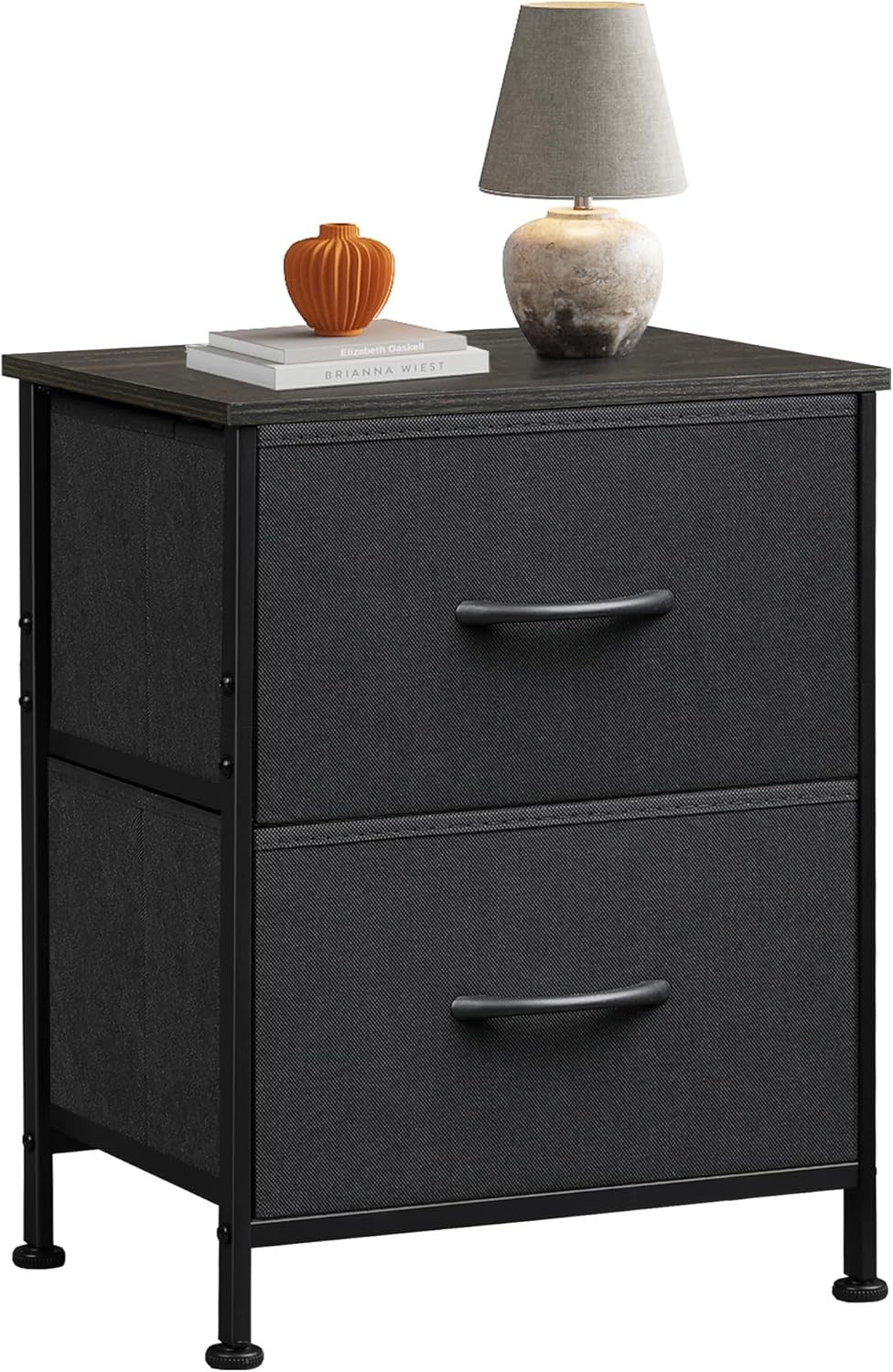 Black Night Stand Small Dresser W/ 2 Drawers & Wooden Top Nightstand W/ Fabric