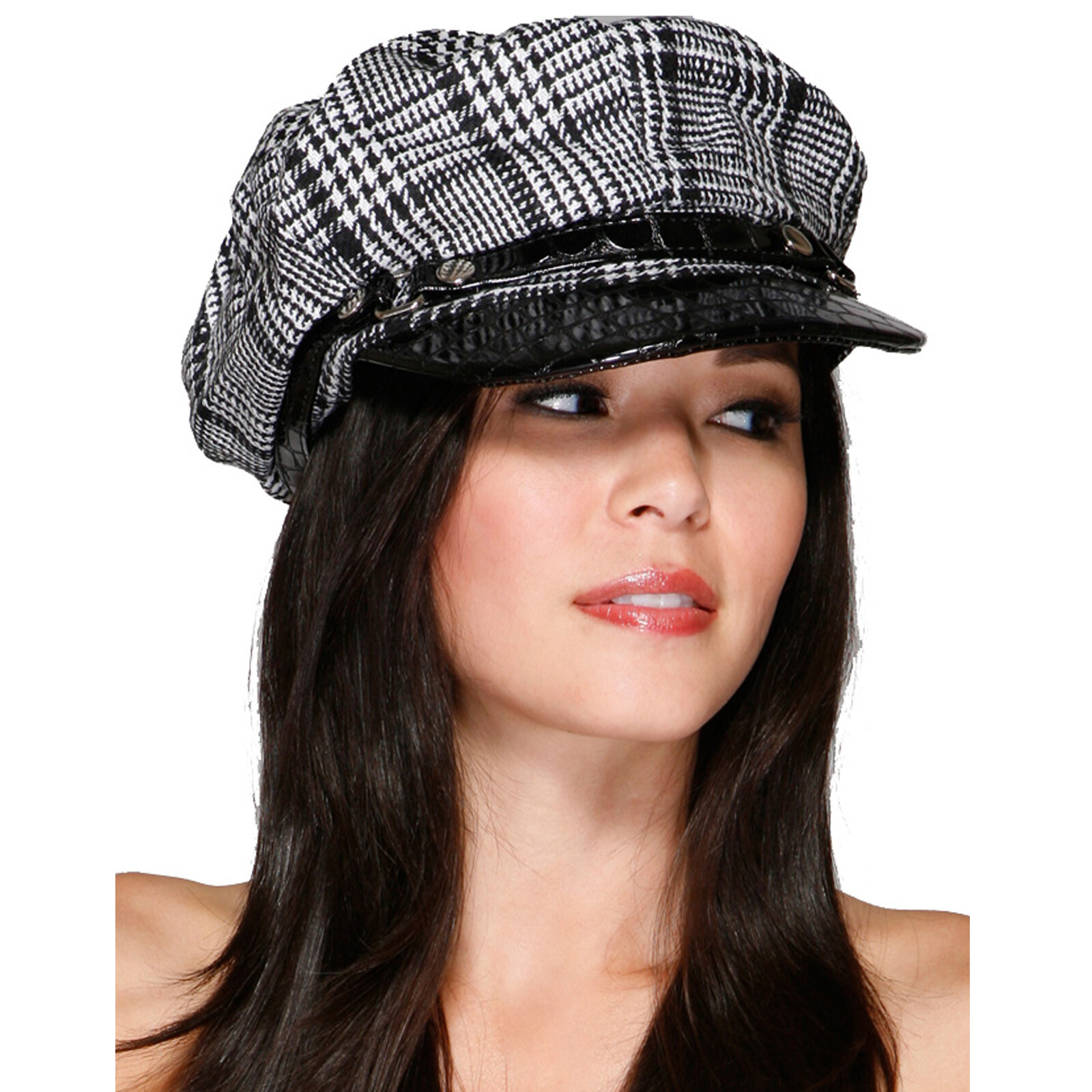 Plaid Mod Hat Cap with Faux Reptile Trim Cabbie Newsboy Gatsby Black 997300