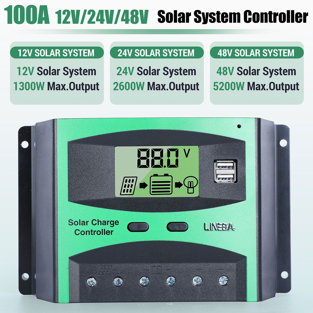 100A PWM Solar Panel Regulator Charge Controller Auto Focus Tracking 12V/24V/48V
